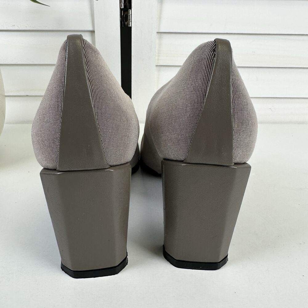 Stuart Weitzman Shimmer Taupe Textile Block Heel Pumps Peep Toe Shoes Size 10 AA - Picture 5 of 9
